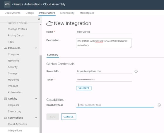 Screenshot of vRA GitHub credentials 