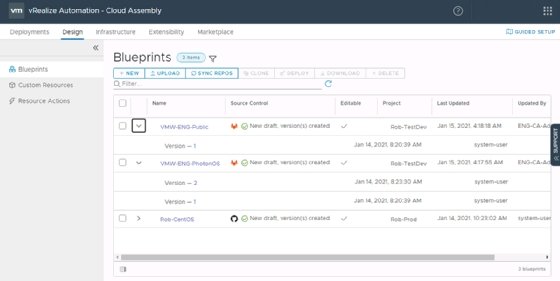 Screenshot of vRA Git service blueprint availability