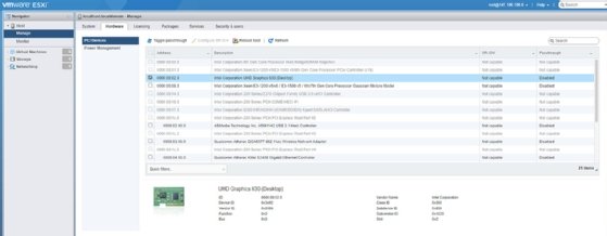 A screenshot from the VMware ESXi web client. It lists the hardware devices installed on the host, with the Passthrough column for the selected device set to Disabled.