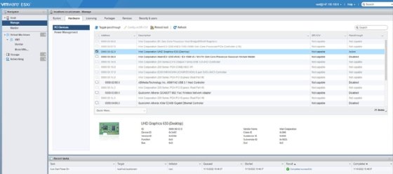 A screenshot of the same VMware ESXi web client page displayed in Figure 1, but the Passthrough column for the selected device is now set to Active.