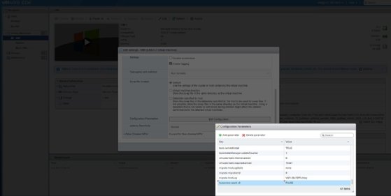 A screenshot from the VMware ESXi web client where a dialog box titled Configuration Parameters shows the parameter hypervisor.cpuid.v0 is set to FALSE.