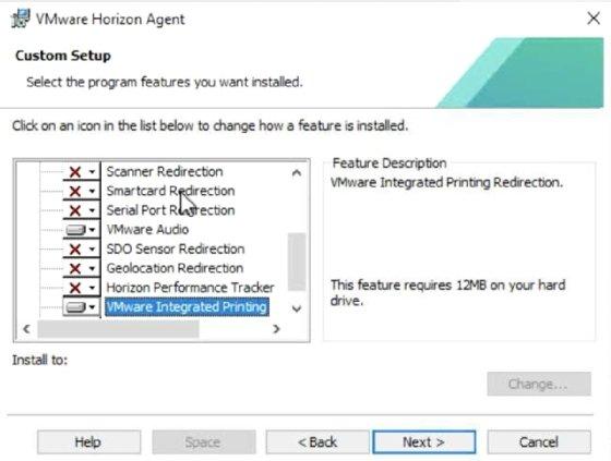 A VMware Horizon Agent window displaying the setup process for VMware Integrated Printing