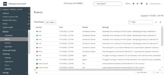 The VMware Horizon administrative interface's Events section
