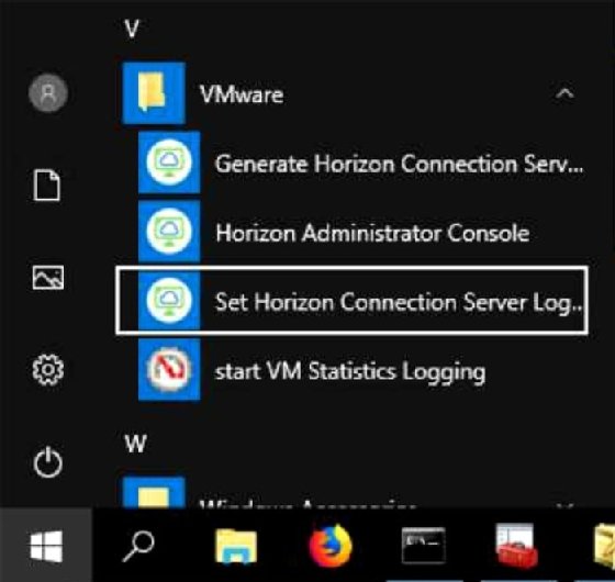 The Horizon Connection Server Logs within the Windows Start menu