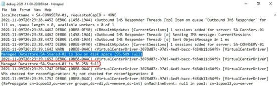 A log file on the connection server with a datastore warning in blue and a debug message outlined in red