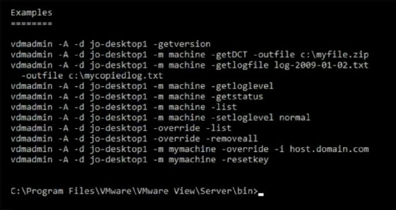 The output for running vdmadmin.exe -help -A, which displays as several lines of dialogue showing information relevant to a virtual desktop