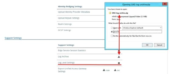 The Unified Access Gateway interface showing the .zip file that you can download to analyze the logs offline