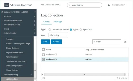 The Log Collection tab within the VMware Horizon interface displaying the different collections you can access