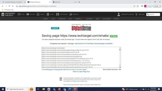 Screenshot after archiving website.