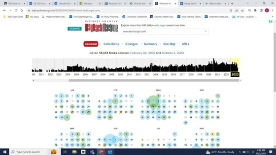 Screenshot showing dates of archived websites.
