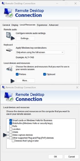 The Windows Remote Desktop Connection settings console with the local resources selected.