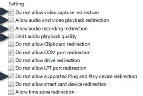 The list of GPOs with arrows pointing at those most relevant for remote desktop webcam sessions.