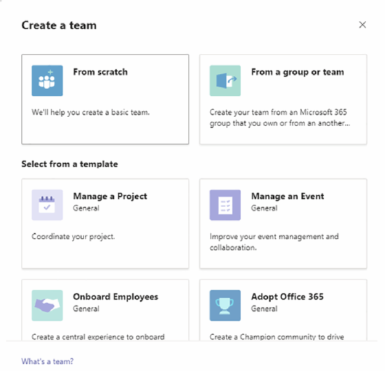 Window to create a new team within Microsoft Teams