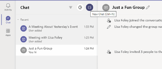Window to start a new chat within Microsoft Teams