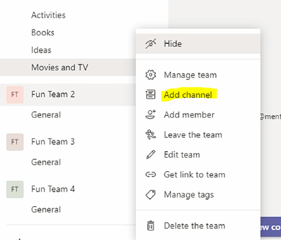 Creating channels within Microsoft Teams screenshot
