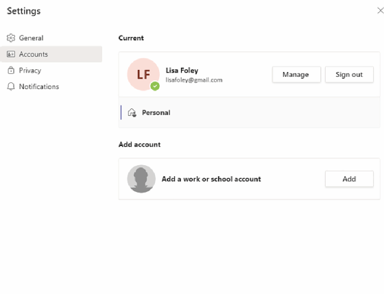 Adding an account to Microsoft Teams screenshot
