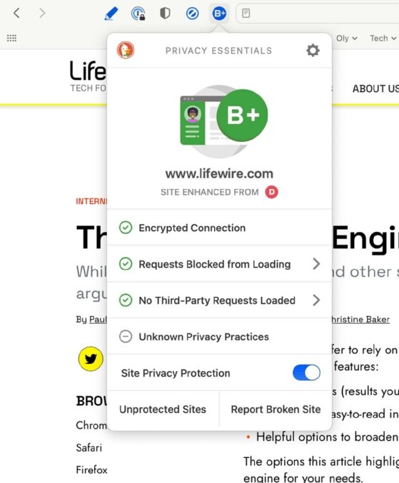 Screenshot of how DuckDuckGo handled tracking requests