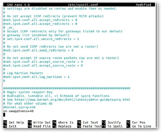 Sysctl file contents, including the swappiness setting