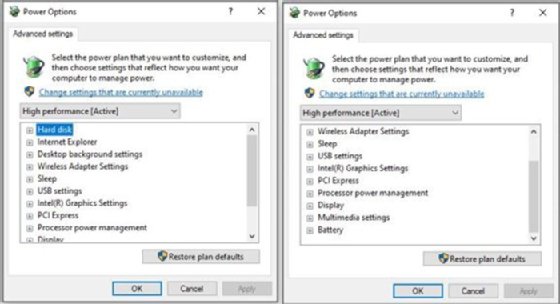 A window with the advanced settings options on Windows 10.