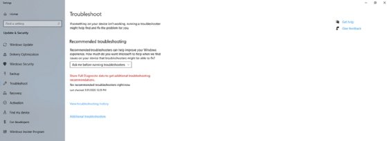 Information and options in the Windows 10 Troubleshoot tab.