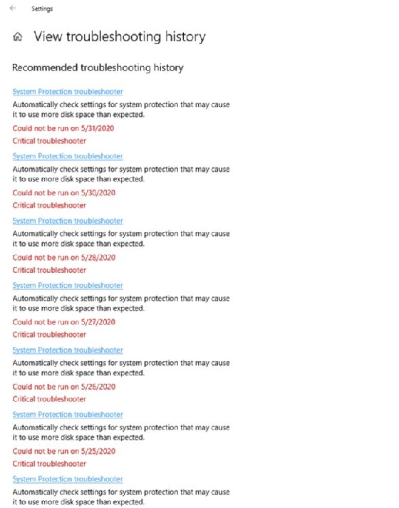 A list of times the machine has used a troubleshooter previously.