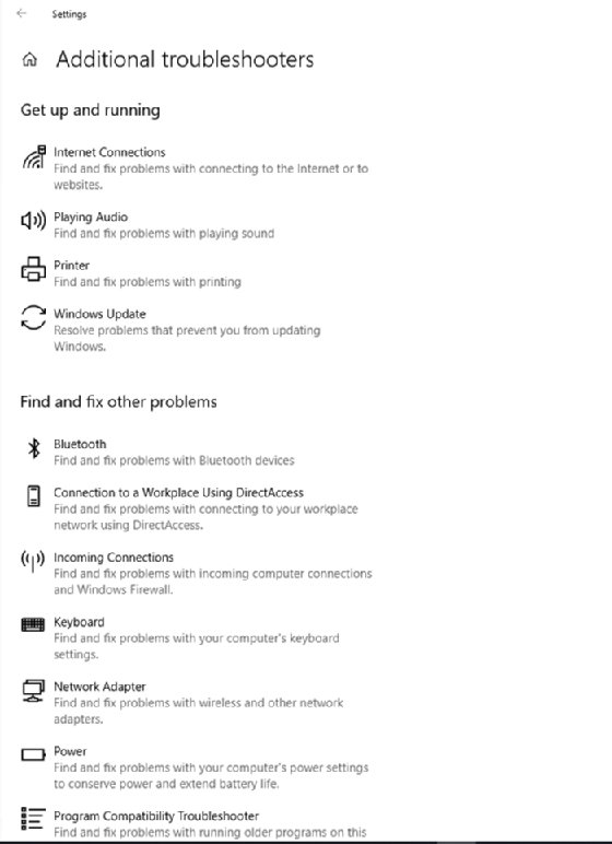 A list of available troubleshooters for specific problems.