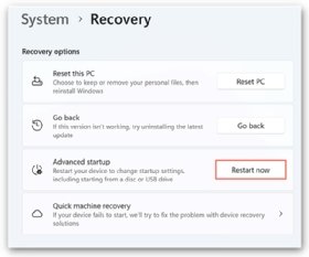 Screenshot of the Recovery page, which displays the Advanced startup listing and Restart now button