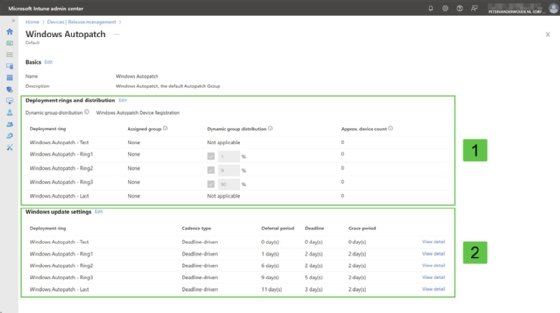 The Windows Autopatch menu within Intune showing the deployment rings and Windows update settings.