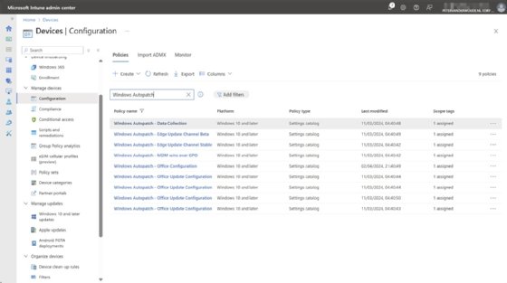 The Intune interface with all configuration files for registered Windows devices.