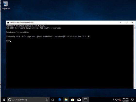 Visual showing the Windows Command Prompt with the upgrade script in place. This is the command used to upgrade a computer to Windows 11.