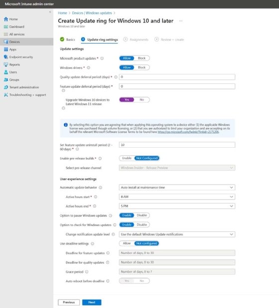 Visual showing the settings associated with Windows update rings that can be used to upgrade to Windows 11. You must choose the option to upgrade Windows 10 devices to Windows 11.
