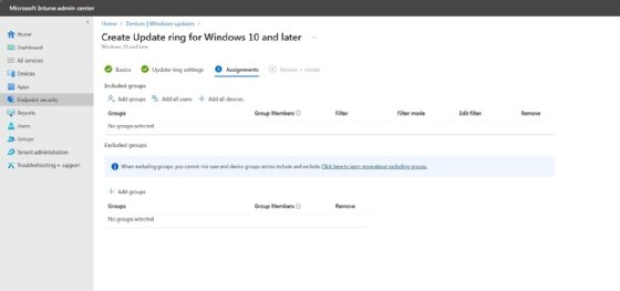 Visual showing the groups to which admins could apply the Intune Windows 11 upgrade policy. The Assignments screen allows you to determine who will receive the upgrade.