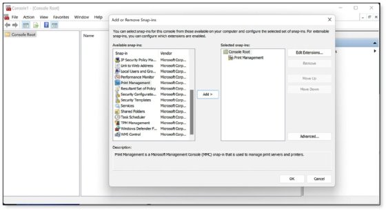 The Microsoft Management Console snap-in tools showing the Print Management utility as active.