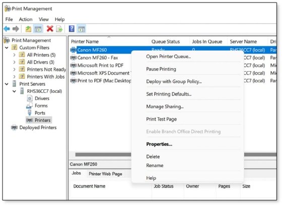 The pop-up menu revealed by right-clicking the Canon MF260 printer in Print Management.