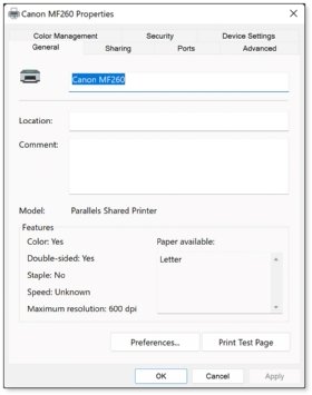 The Print Management Properties Window for a Canon MF260 printer.