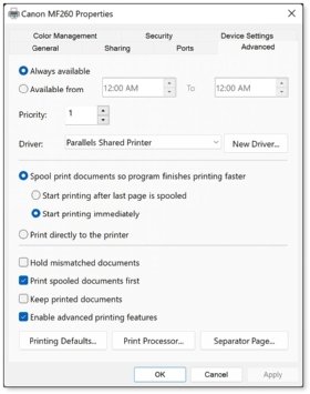 The Advanced settings tab for the Properties menu in Windows 11 Print Management.