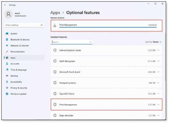 The Windows 11 settings menu showing that Print Management was recently installed and is available to launch.