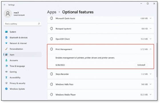 The Windows 11 setting menu showing Print Management, with the button to uninstall highlighted.