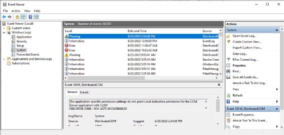The Windows Event Viewer interface displays a variety of event logs related to the system itself.