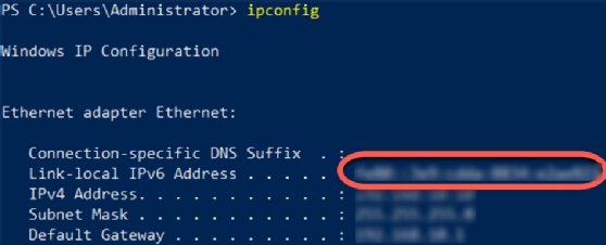 Screenshot of the ipconfig command in Windows displaying IPv6 information.
