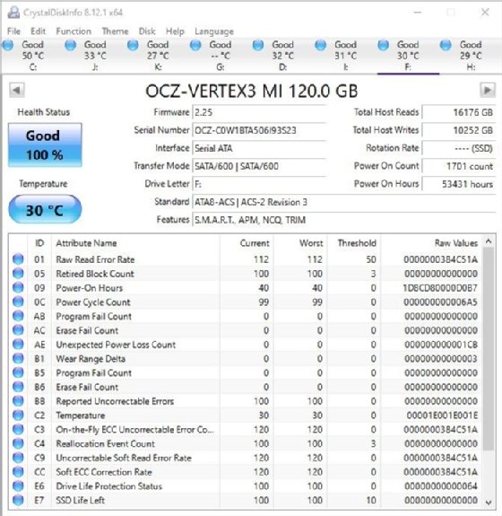 The CrystalDiskInfo tool displaying data on how the local drivers are performing