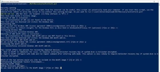 PowerShell showing the option to add drivers to the WinPE image if necessary.