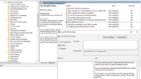 Group Policy Editor showing the Turn Off UDP On Client setting for the Remote Desktop Connection client.