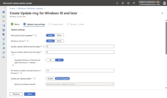 A screenshot showing the Windows Update ring section of Intune and the various settings that admins can adjust.