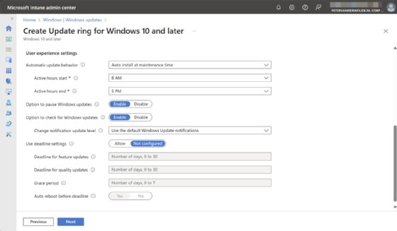 A screenshot of the Update ring creation section of Windows updates on Intune.