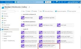 A screenshot of the Azure Workbooks gallery with the Windows Update for Business highlighted.