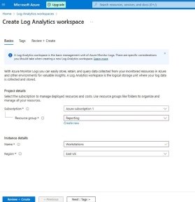 A screenshot of the Log Analytics section that allows IT to create workspaces.