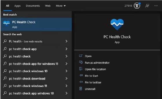 The PC Health Check app in the Start menu.