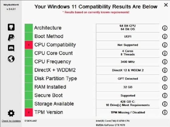 The screen showing results in WhyNotWin11.