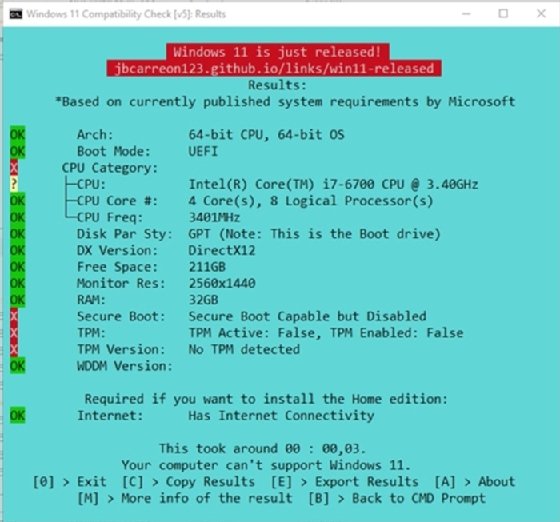 The screen showing results in WhyNotWin11.